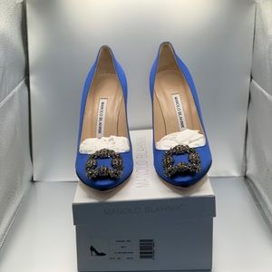 NWT Manolo Blahnik Hangisi 105 Heels - Royal Blue Satin, Size 38